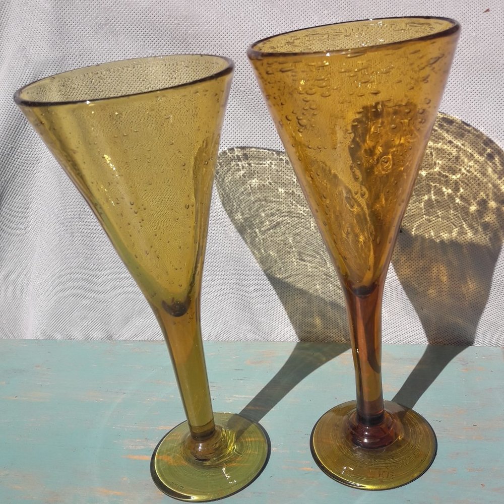 Vintage Golden Wine Goblets Bubble Glass Handmade Signed French Artist France